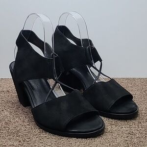EILEEN FISHER SANDALS HEELS DOE TUMBLED NUBUCK LEATHER STRAP BLACK SZ 9
